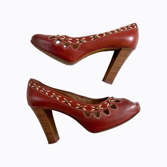 Vintage Kate Kuba Heels Sz 9/9.5 Italian Red Leather Open Toe Western Boho Y2K - Picture 3 of 11